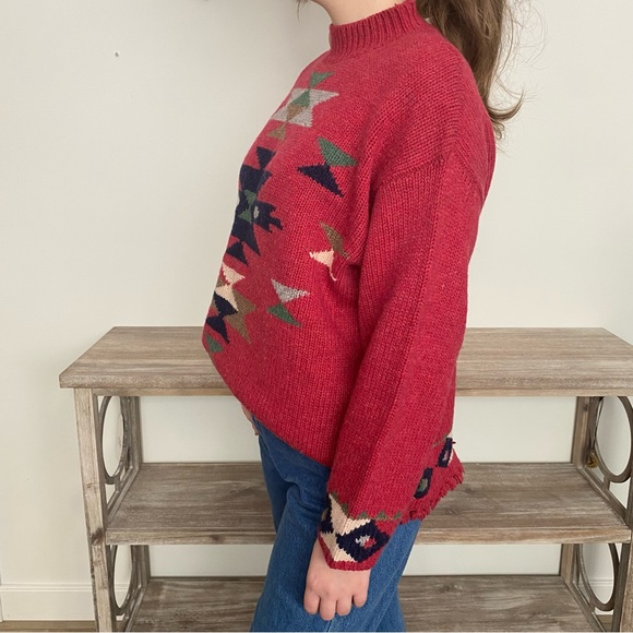 Vintage Fringe Southwestern Aztec Lambs Wool Oversized Sweater - Picture 4 of 12